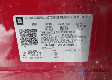 2019 Chevrolet Equinox Lt z USA, uszkodzony, nr VIN 3GNAXUEV9KS559917